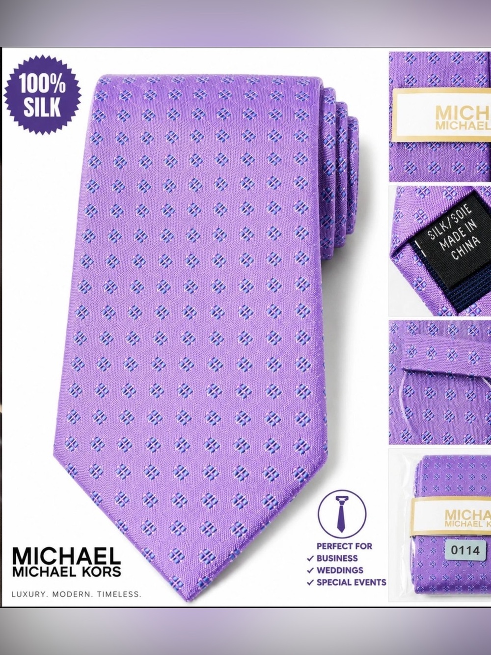 Michael Kors Lavender Purple Silk Tie with Micro Diamond Motif